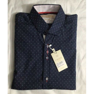 Men's Short Sleeve Button Front Summer Shirt M Polka Dot Print Contrasting Cuffs